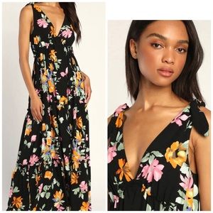 Lulus NWT | Beloved Bae Black Floral Print Tie-Strap Tiered Maxi Dress Small